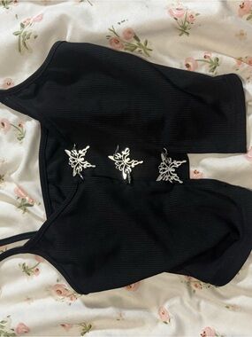 SHEIN Black Ribbed Camisole with Silver Butterfly Clasps